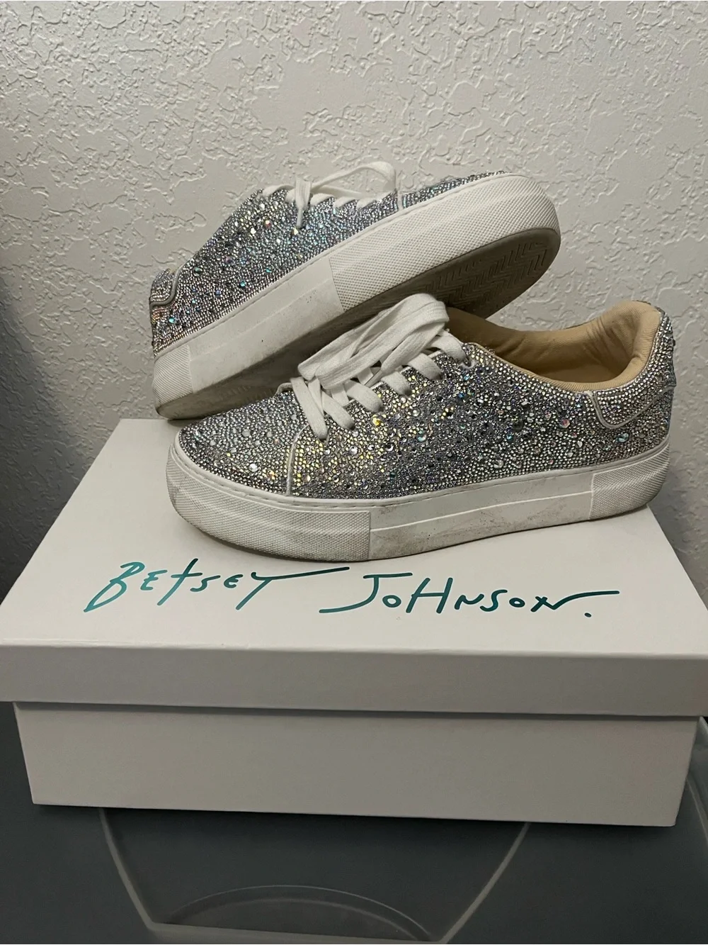 Betsey Johnson Silver Crystal Embellished Platform Sneakers